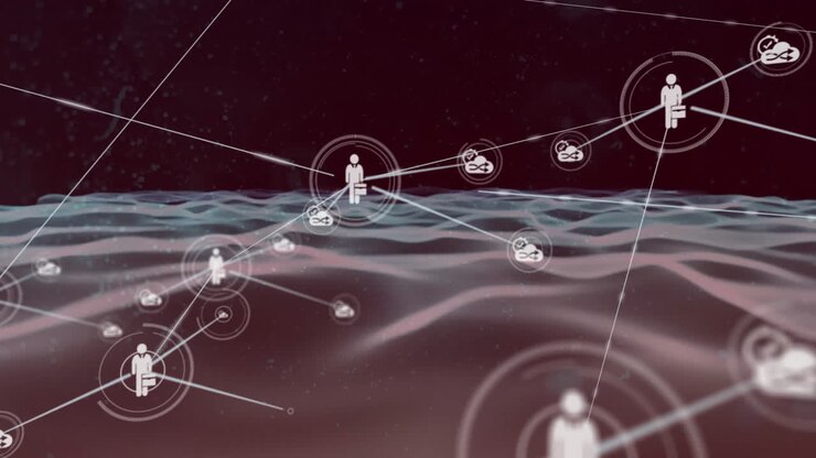Animation of network of connections with icons over digital waves on black background