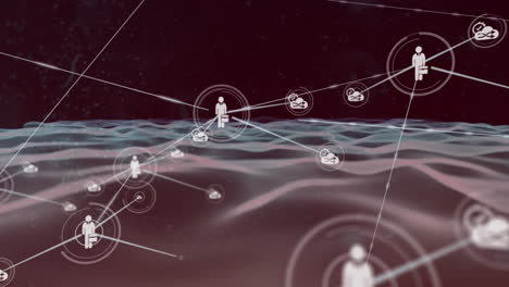 animation of network of connections with icons over digital waves on black background