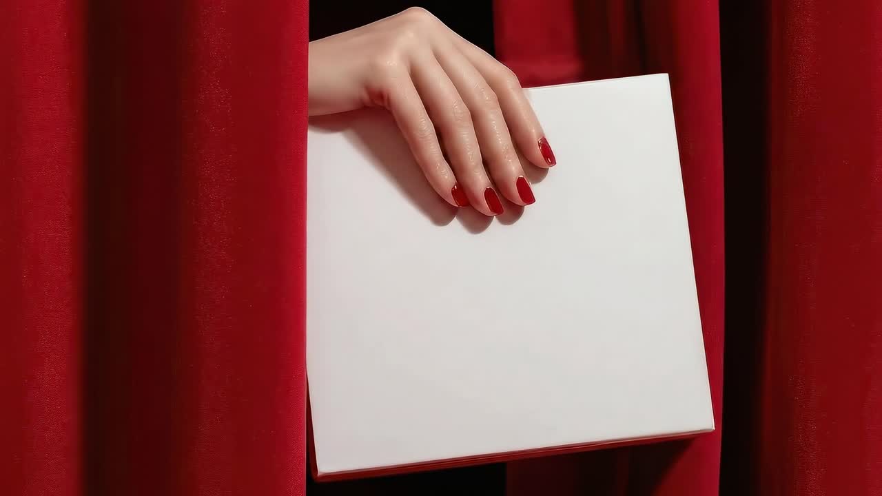 Uma mão com unhas vermelhas segura uma tela em branco atrás de cortinas vermelhas, filmado de um ângulo lateral, vídeo.