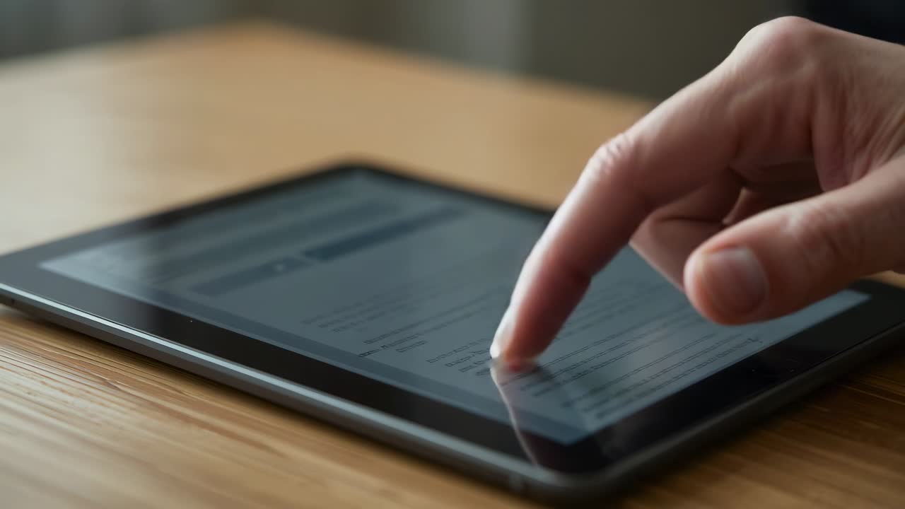 木のテーブルに置かれたタブレットの画面を、右手の指先でタップしている。背景はぼやけている。