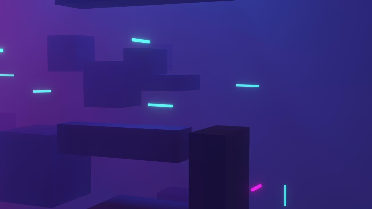 Animation of glowing light trails moving over cubes on purple background