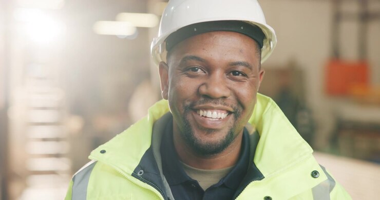 Smiling Construction Worker Putting On A Hard Hat In A Warehouse