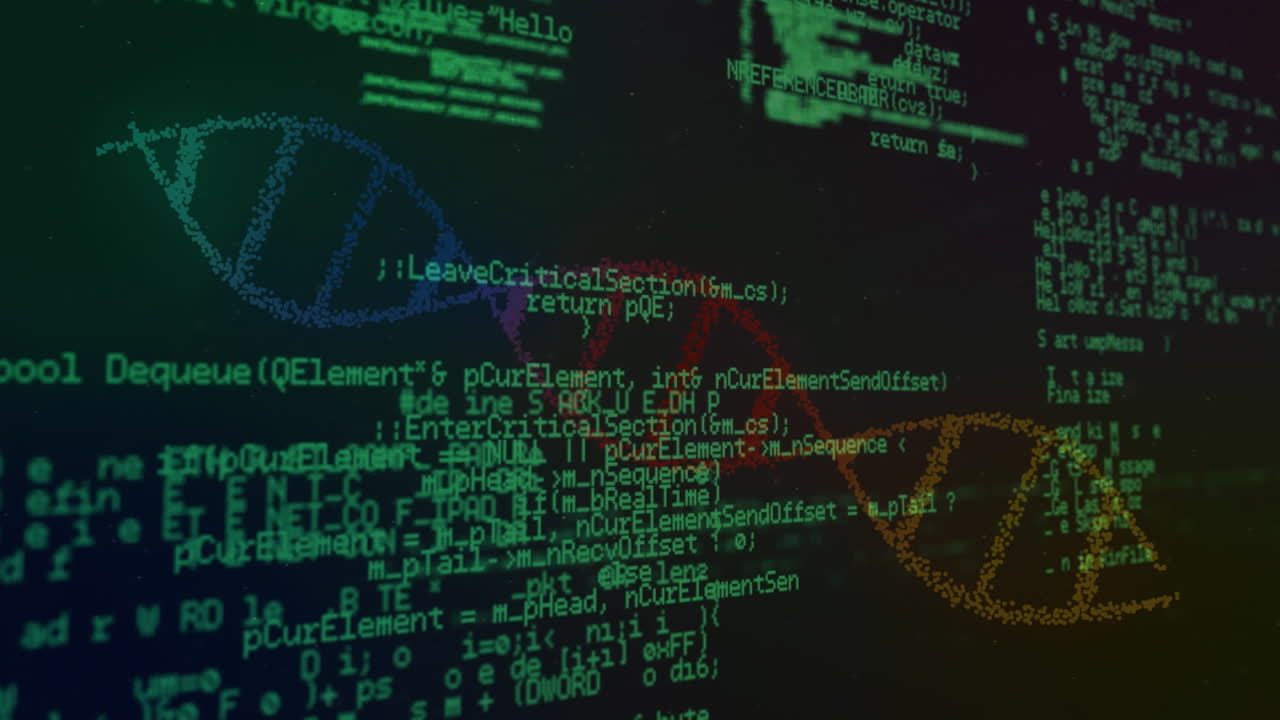 animación de procesamiento de datos verdes y hélice de adn de colores girando en pantalla oscura