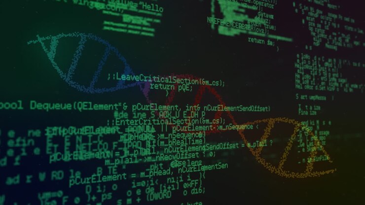 Анимация обработки зеленых данных и красочной спирали ДНК, вращающейся на темном экране.