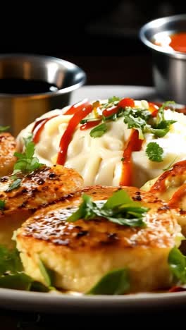 delicious platter of dumplings and savory cakes served with dips