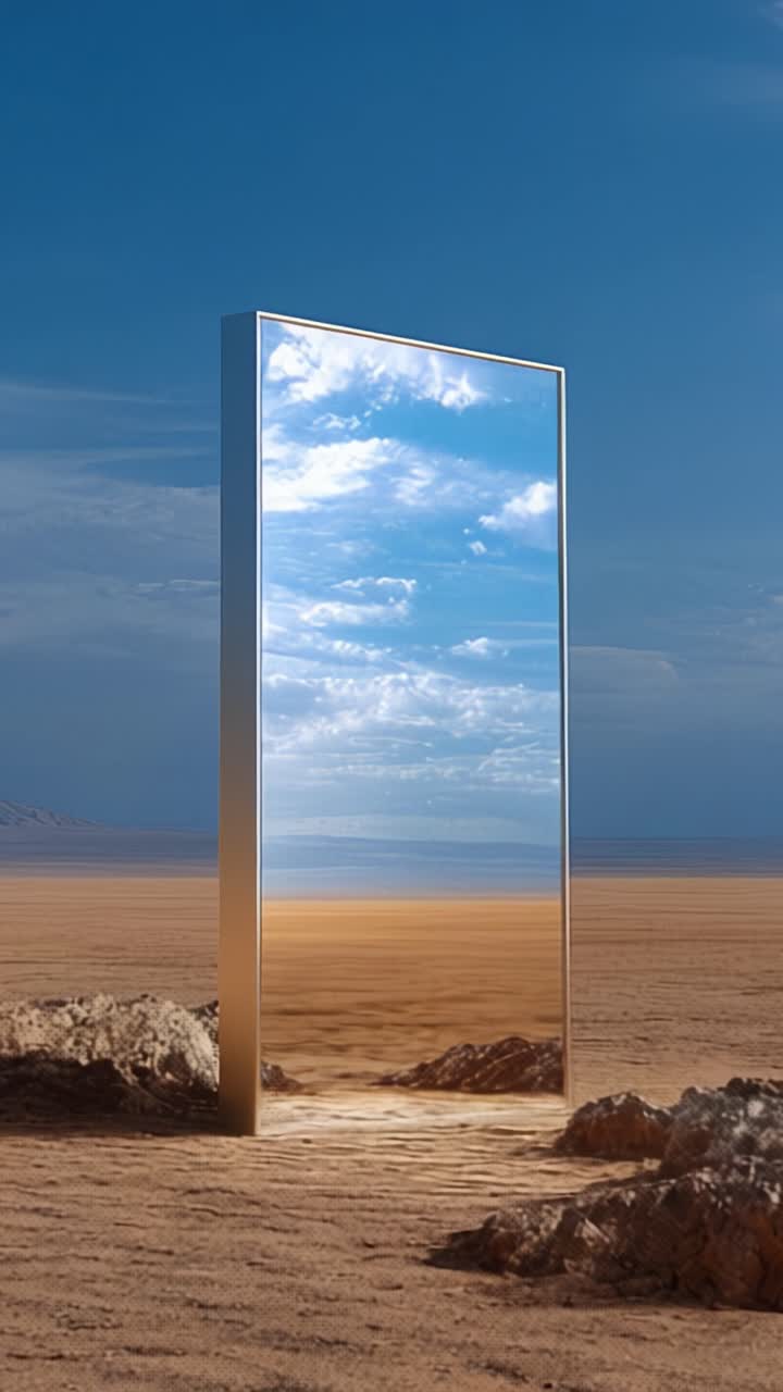 Un'immagine sbalorditiva di un alto specchio che si erge in un paesaggio desertico surreale, riflettendo un vasto cielo pieno di nuvole, creando un'atmosfera onirica e intrigante