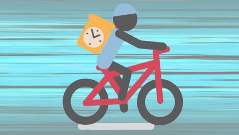 el repartidor animado con el reloj haciendo tic-tac monta en bicicleta, simbolizando la logística global.
