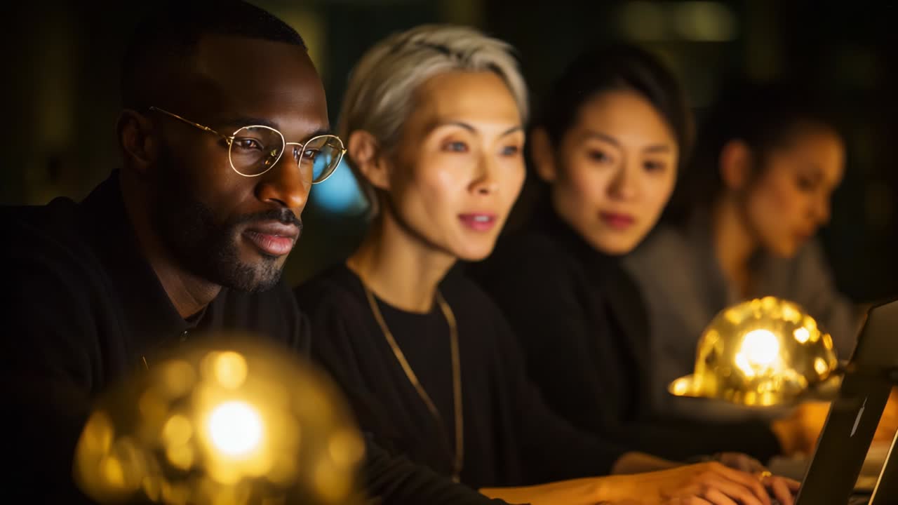 Focused individuals engaged in a collaborative session, immersed in technology and creativity, showcasing a diverse group striving for innovation while illuminated by warm, ambient lighting