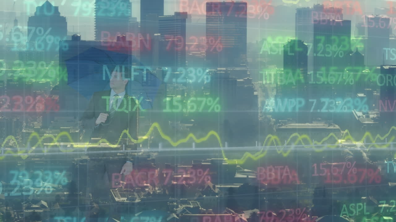 Animation of financial data and graphs over cityscape
