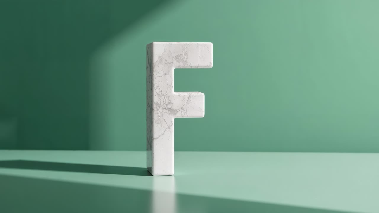 Shining soft light from left casting shadow shifting across mint-green table around marble letter F