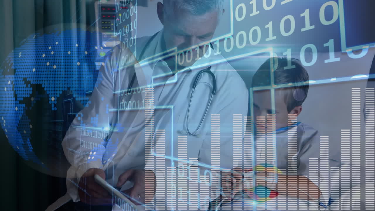 animación del procesamiento de datos de codificación binaria sobre un paciente varón y un médico masculino utilizando una tableta