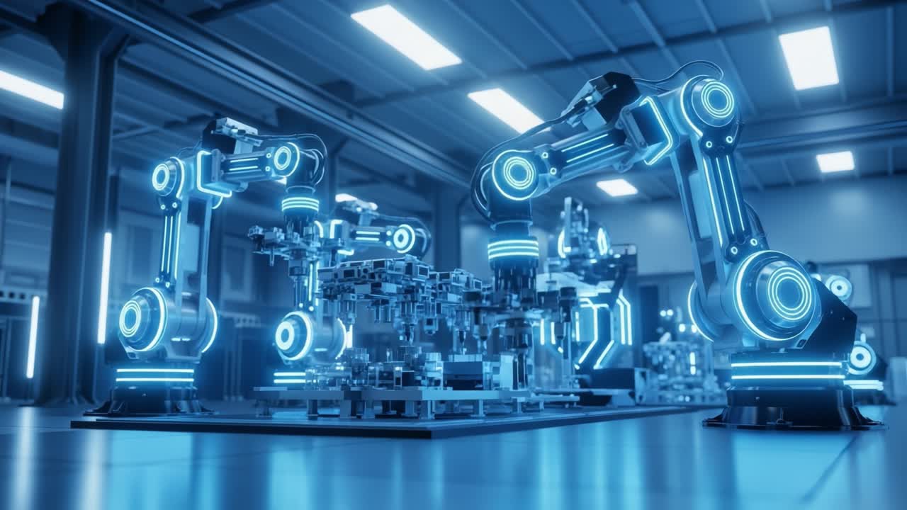 Advanced Robotics and Automation in a High-Tech Manufacturing Facility Showcasing State-of-the-Art Robotic Arms Interacting with Precision Machinery