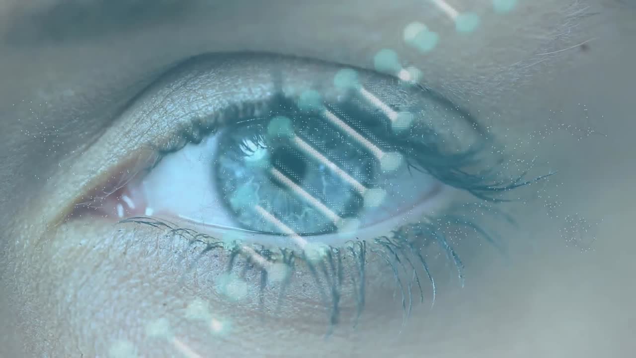 Animation of dna strand over woman's blue eye