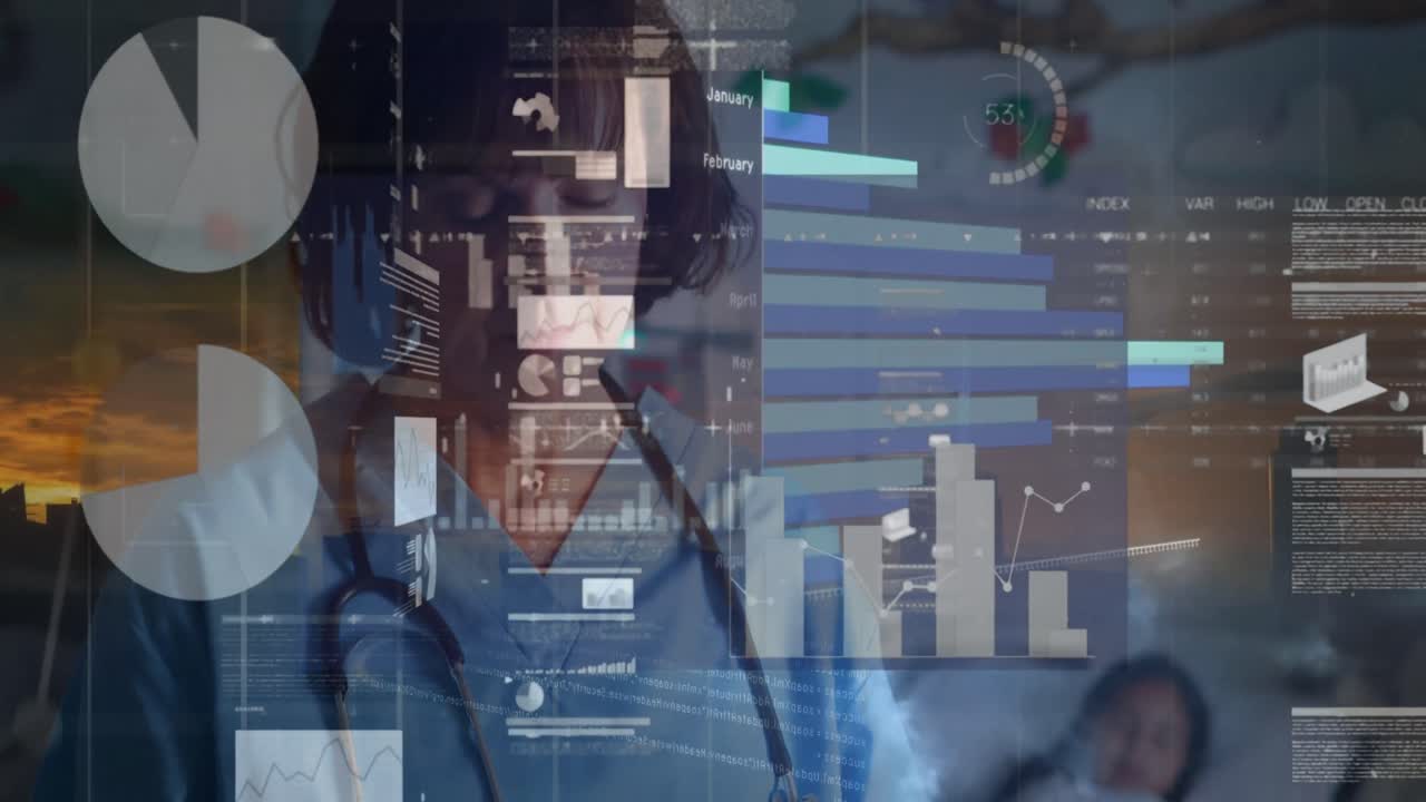 Animation of data processing over caucasian female health worker writing on clipboard at hospital