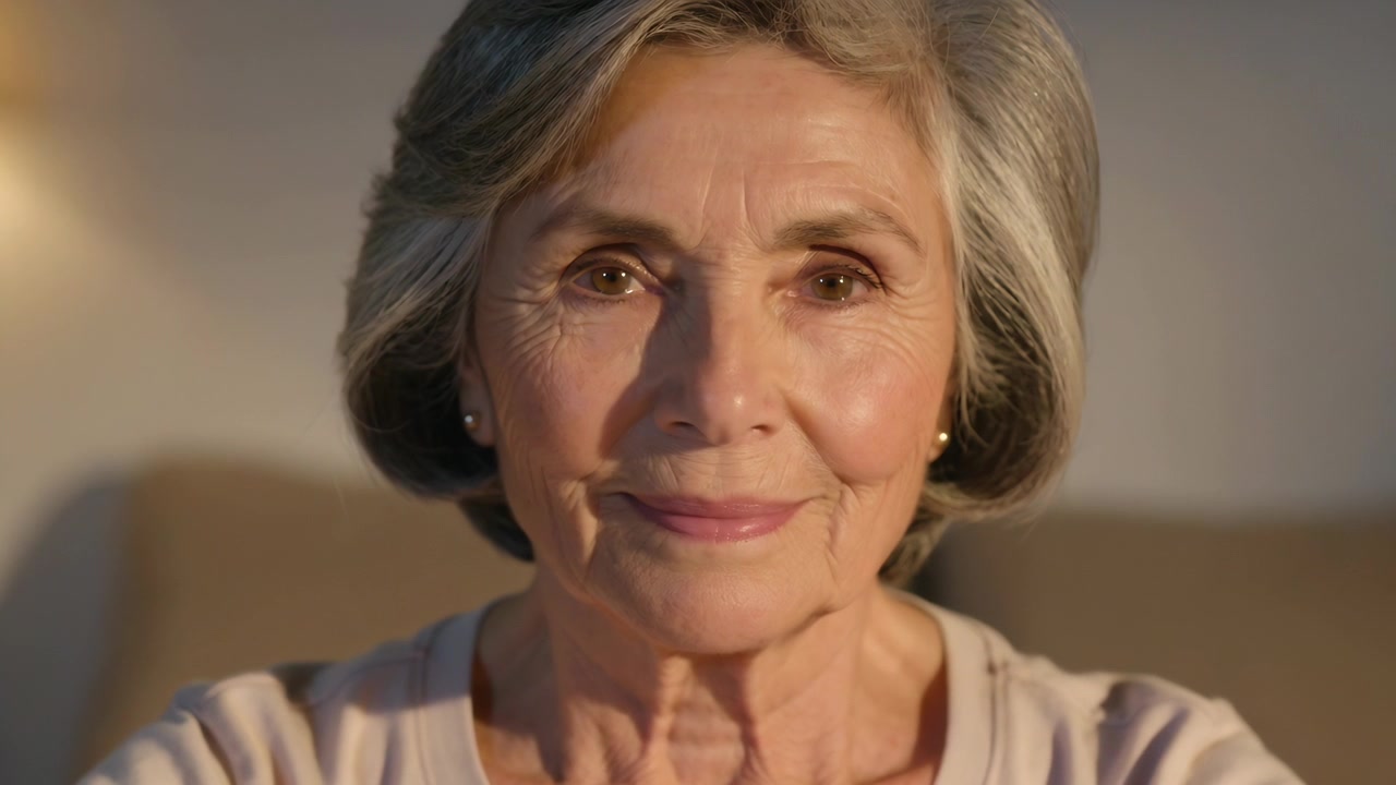 Sitting senior woman smiling softly as camera starting close-up in living room, lamp and pearls