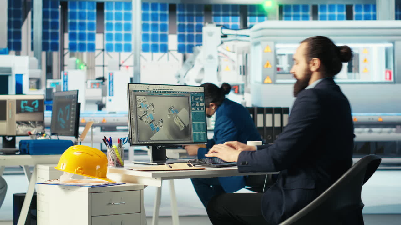 il direttore della fabbrica fotovoltaica arriva in ufficio, visualizza i disegni sul pc