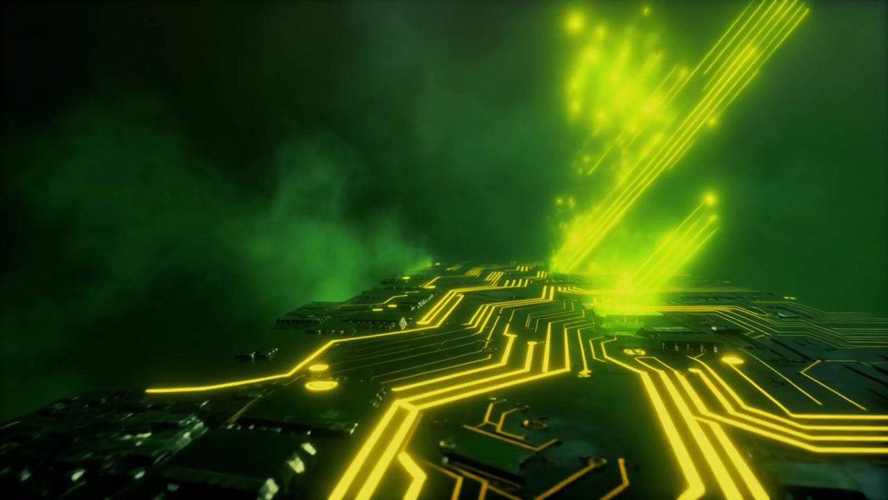 Futuristic Circuit Board Emitting Glowing Green Data Streams