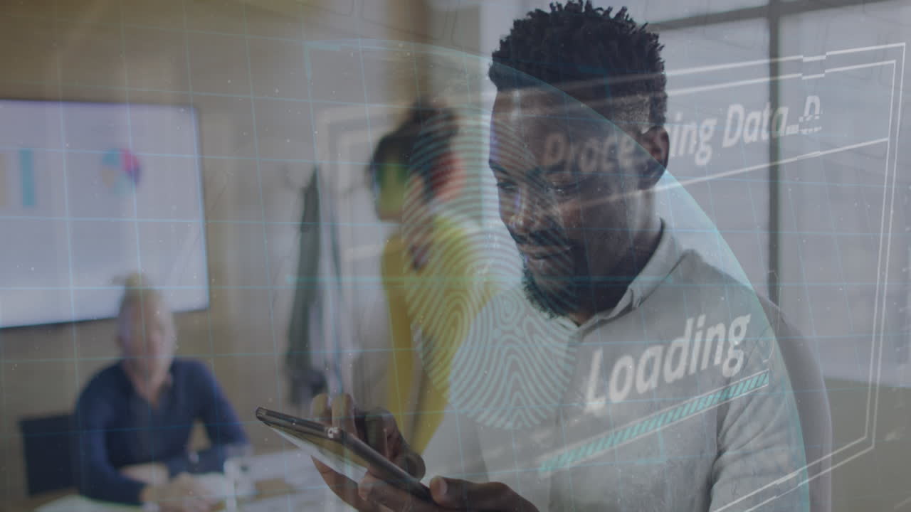 Animation of icons and data processing over african american businessman in office