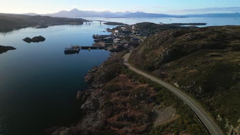 Deserted-road-to-Kyle-of-Lochalsh-with-Skye-bridge-and-distant-mountains-in-Scottish-Highlands