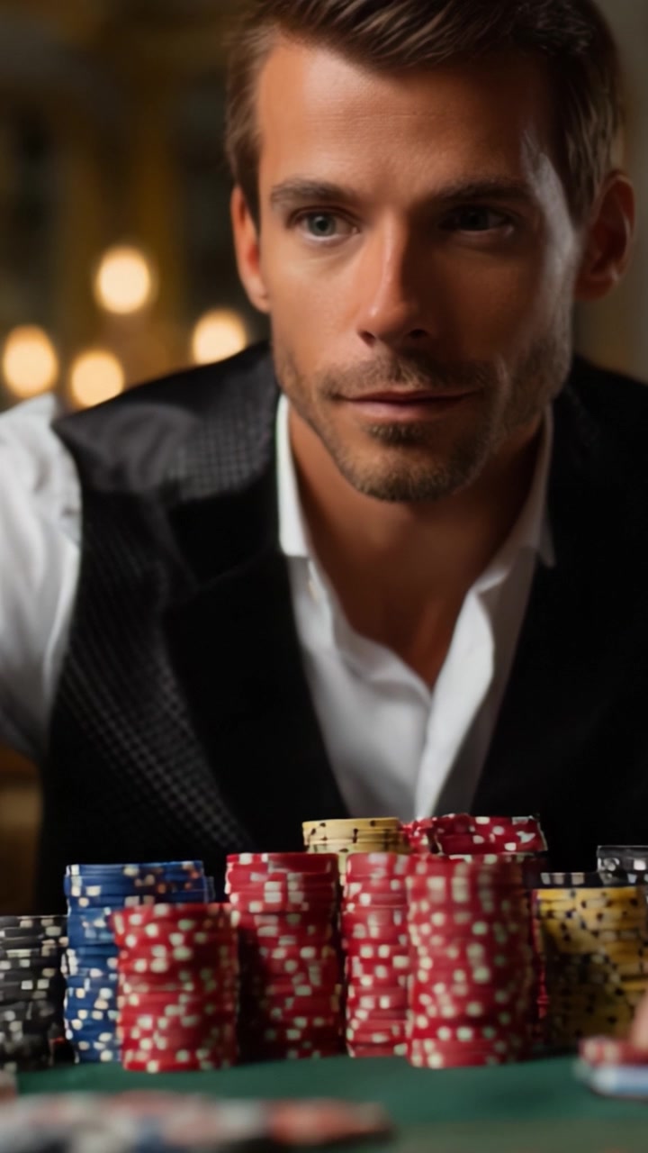 Selvsikker pokerspiller planlægger strategisk sit næste træk med farverige jetoner ved et high-stakes kasinobord, hvilket viser et øjeblik af intens forventning