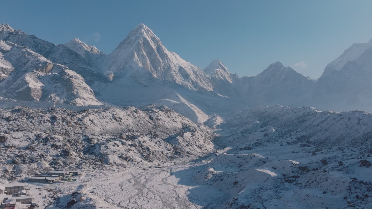 Drone shot of Everest Base Camp trek in Khumbu, Nepal. Tourists enjoy snowy landscapes and highland weather as Lobuche Sherpa village rests beneath Pumori and Lhotse peaks in the majestic Himalayas