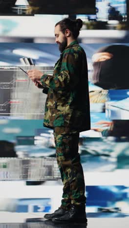 vertical video soldier operates in a virtual war zone using digital technology