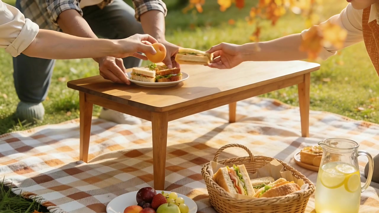 Coppia inginocchiata che prende dal cestino e posiziona panini sul tavolo al parco, indossando una camicia a quadri per il picnic.
