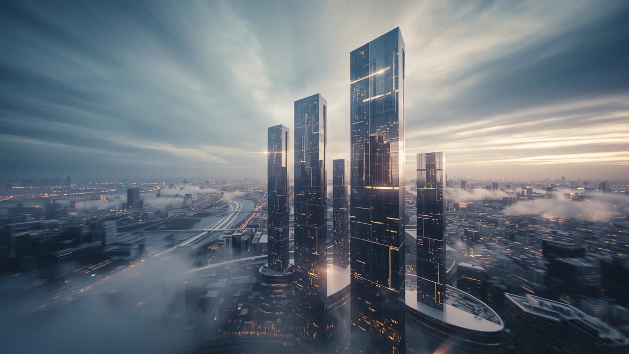 Initiating drone descent over city showing skyscrapers in dawn mist to showcase illuminated facade
