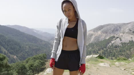 young relaxed boxer against mountains