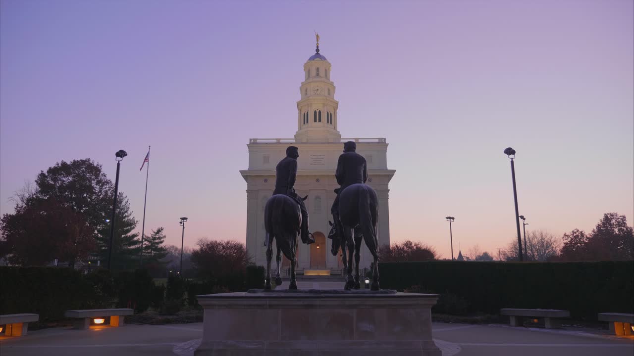 Nauvoo Temple and Equestrian Statues at Twilight