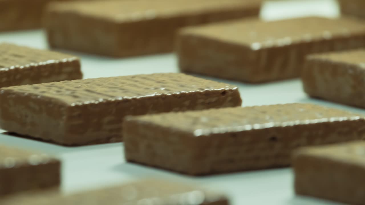 웨이퍼, 비스킷, 케이크 공장-5의 컨베이어 벨트에 있는 디저트