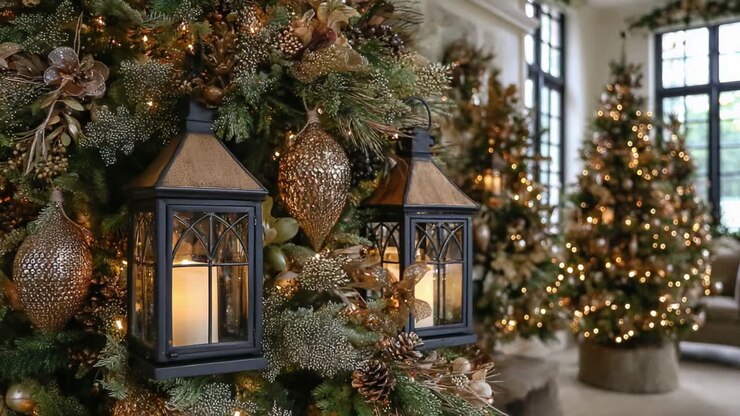 Incantevole paesaggio invernale: un'affascinante esposizione di alberi di Natale festosi, decorazioni elaborate e lanterne accoglienti che creano una magica atmosfera natalizia
