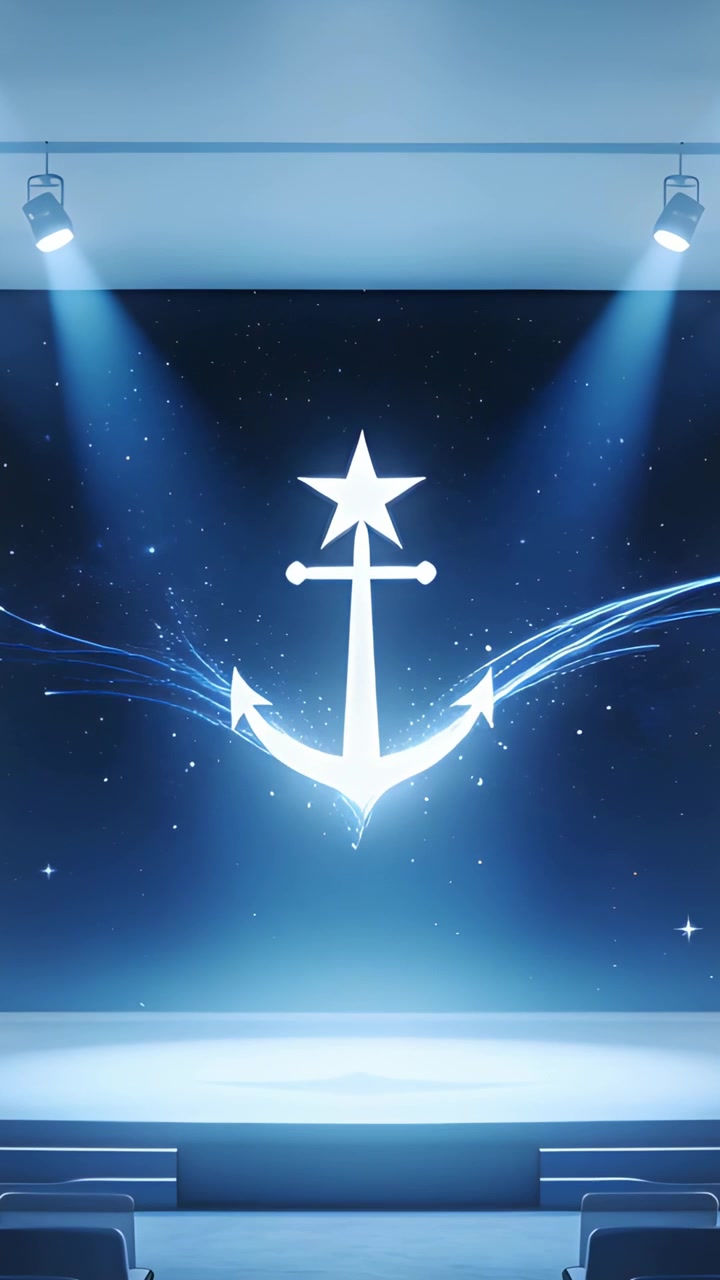 Vertical video: Projector firing glowing anchor emblem sending light wings across stage for reveal