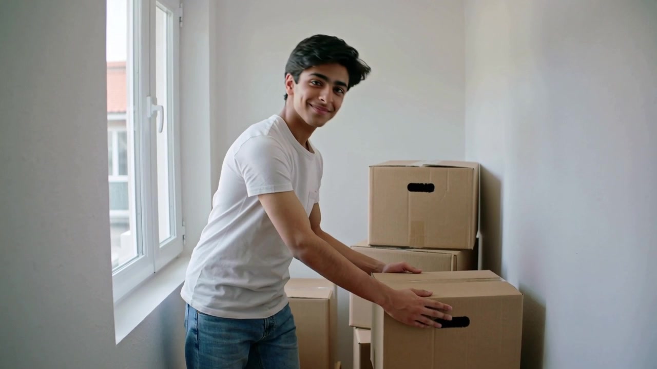 Hombre alcanzando y levantando, en camiseta blanca y jeans azules, apilando cajas cerca de la ventana, organizando el espacio