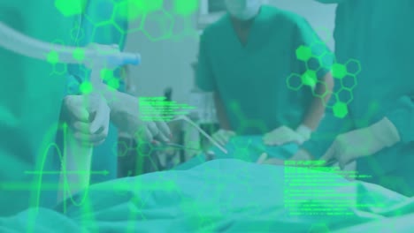 Animation-Der-Medizinischen-Datenverarbeitung-über-Chirurgen,-Die-Patienten-Im-Operationssaal-Operieren