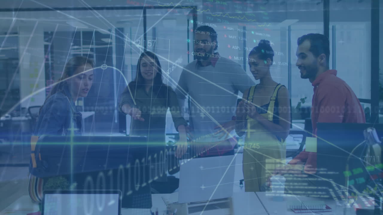 Collaborating in office, diverse team analyzing financial data with animation overlay