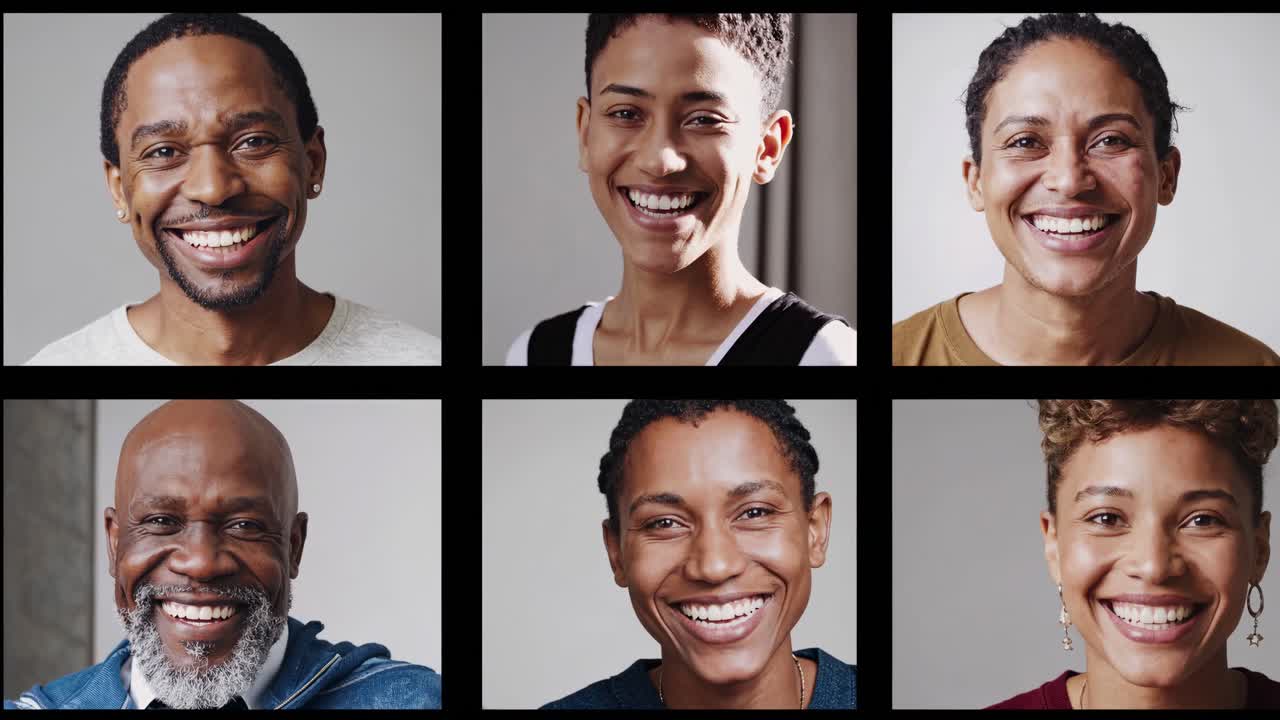 Uma grade de vídeo com seis indivíduos diversos e sorridentes em planos próximos.