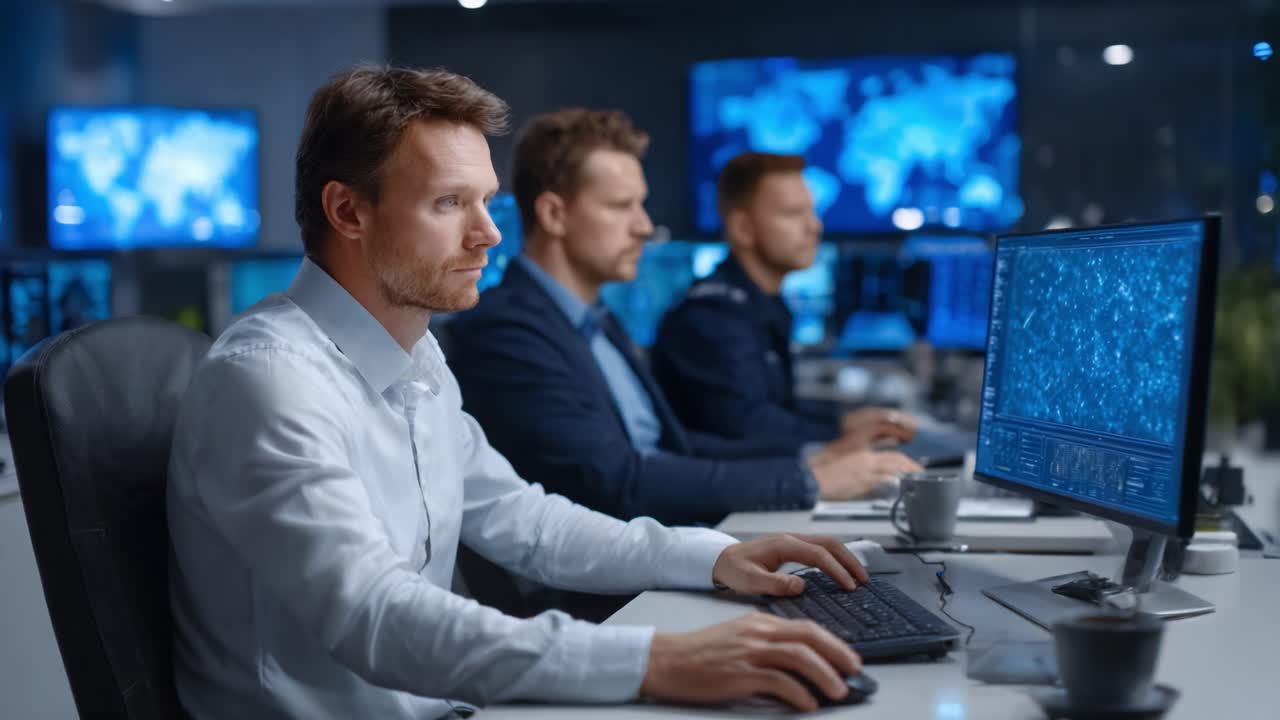 Focused Analysts Monitoring Data on Multiple Screens in a High-Tech Control Room, Analyzing Information and Collaborating on Critical Projects