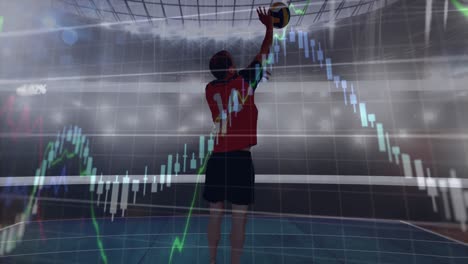 animation of graphs and data processing over male volleyball player in action at sports stadium