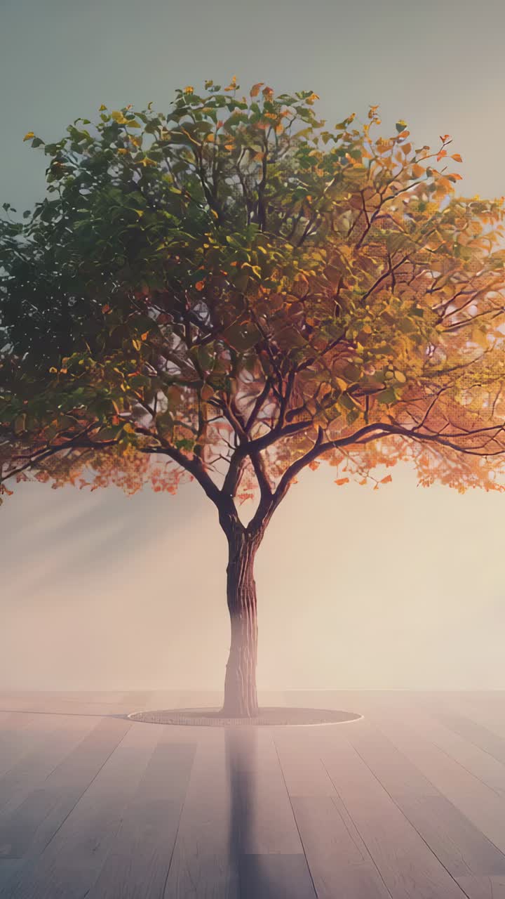 Vertical video: After 2s, orbiting camera circling tree in planter showcasing canopy texture