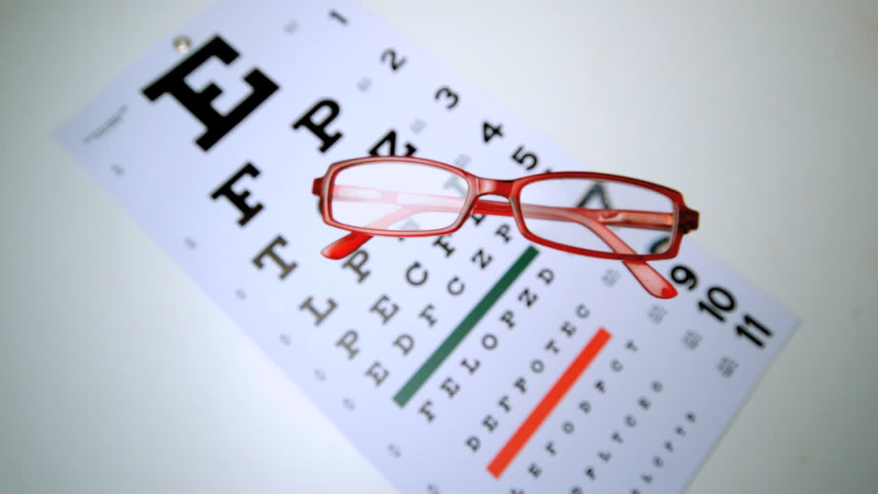 gafas de lectura rojas cayendo sobre un tiro aéreo de prueba ocular