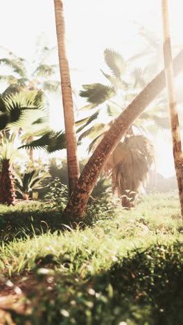 tropical forest with palm trees in the sunlight