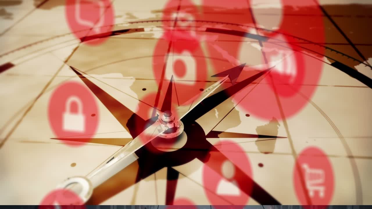 Animazione di una rete di connessioni con icone ed elaborazione dati.