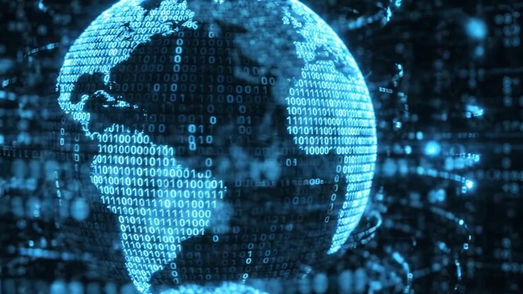Una rappresentazione visiva mozzafiato di una Terra digitale coperta da codice binario, che evidenzia l'intersezione tra tecnologia e connettività globale con un flusso di dati dinamico.