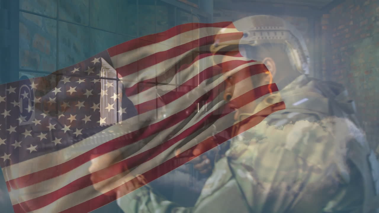 American flag waving, soldiers in military gear showing patriotism and service