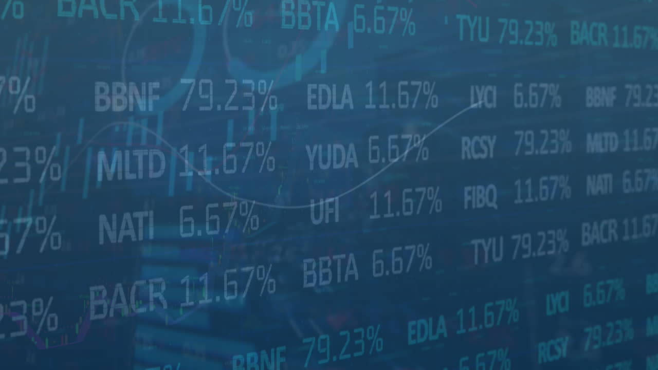 Animation of statistical and stock market data processing against blue background