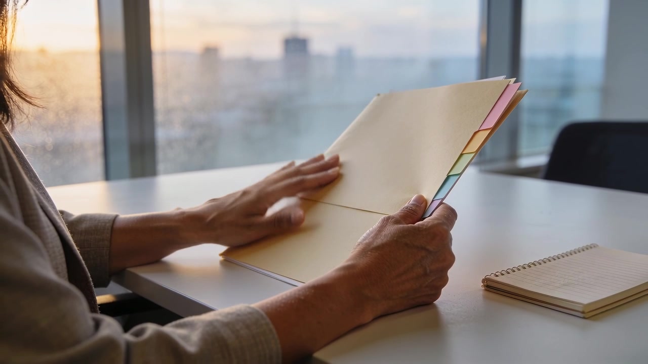 Flipping woman worker wearing light blazer sorting tabbed manila file at desk by window, with notes