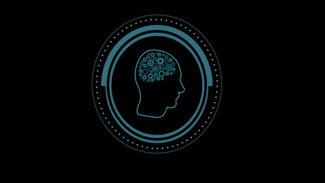 animation of human brain with cogs and ai data processing over black background