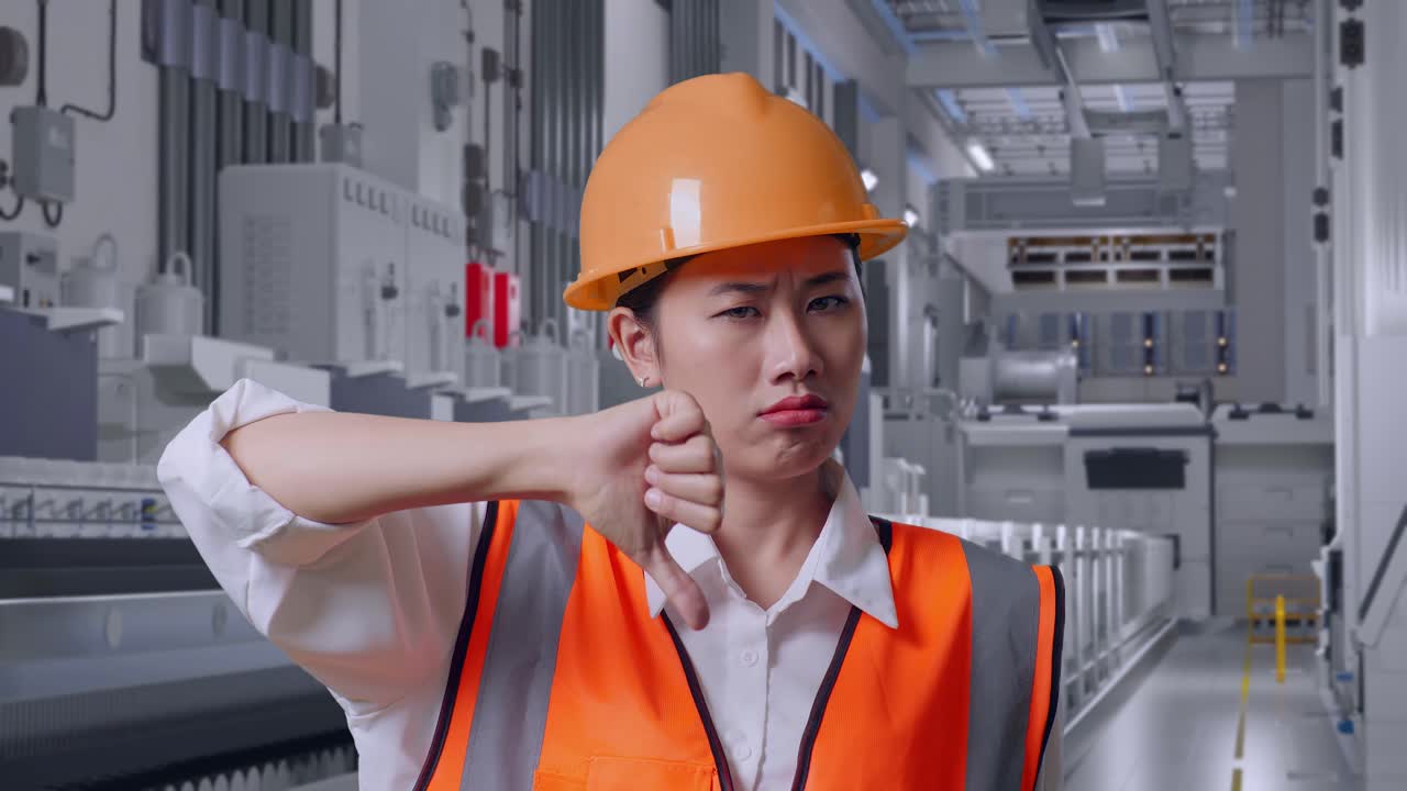 Close Up Of Asian Female Engineer With Safety Helmet Showing Thumbs Down Gesture And Shaking Her Head At Pharmaceutical Factory, Vaccine Production Facility
