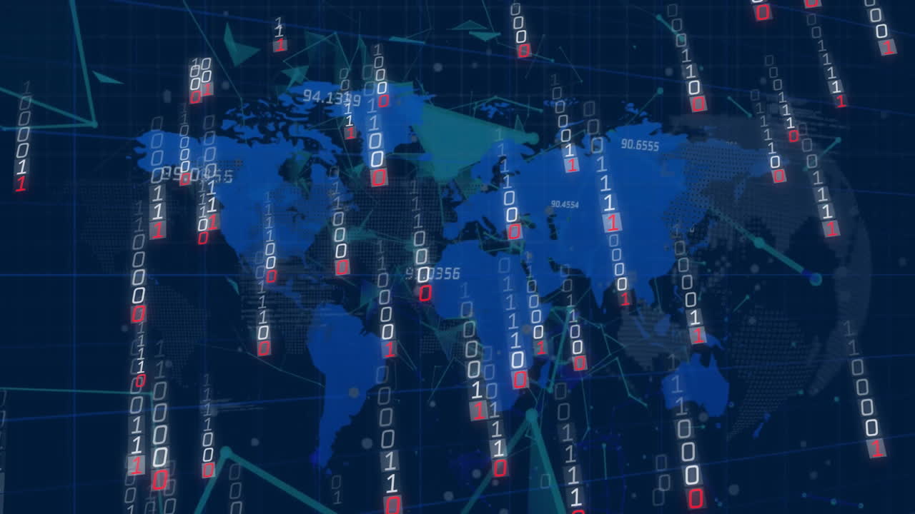 이진 코딩 및 세계 지도 위의 디지털 데이터 처리의 애니메이션
